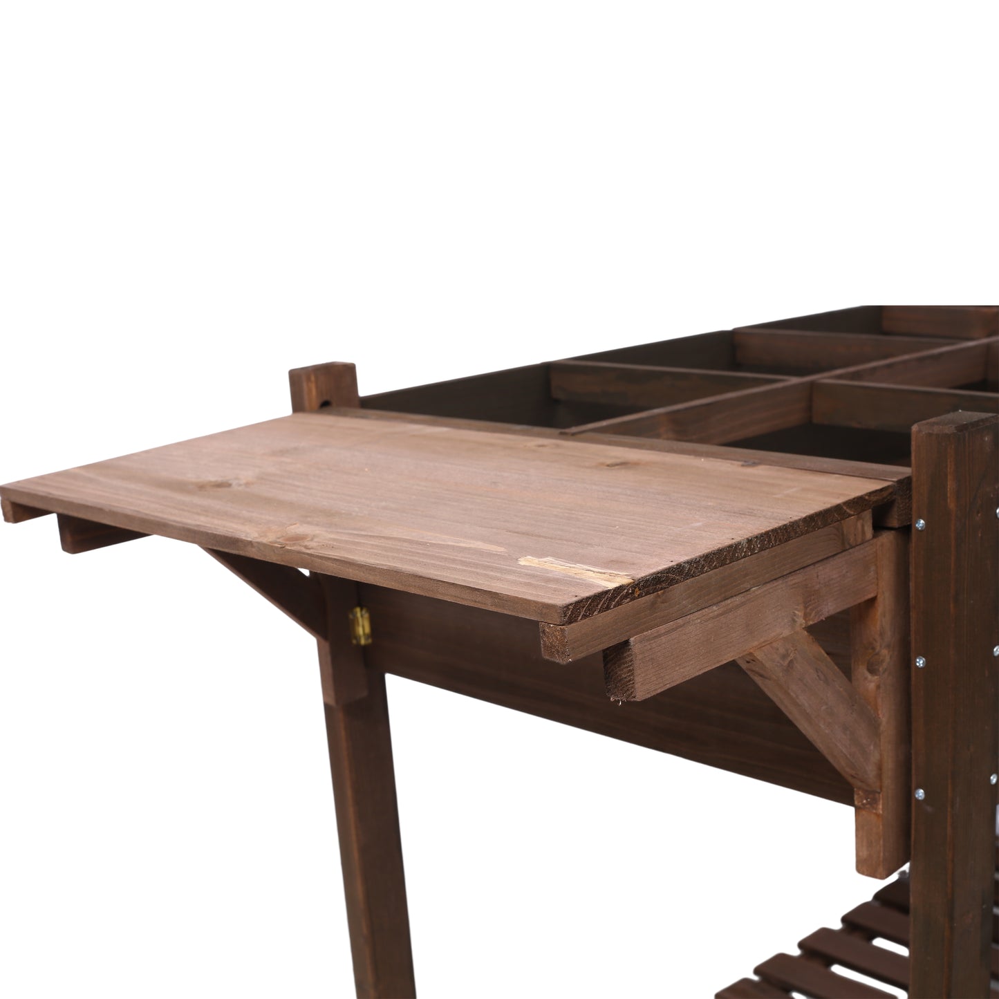 Dark brown wooden potting bench with pullout work surface