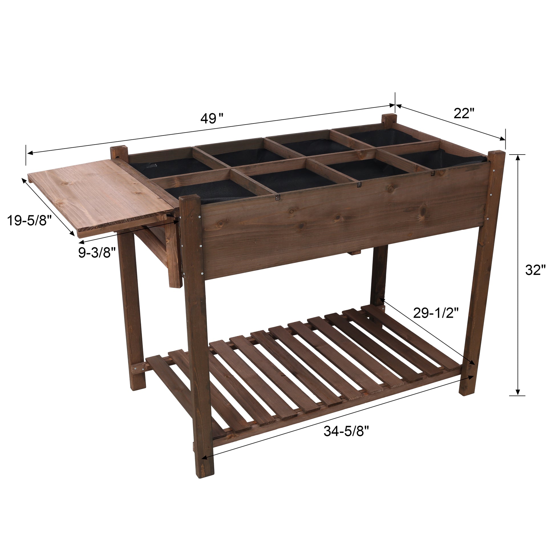 Rectangular wooden planter with eight compartments sliding side table and slatted lower shelf