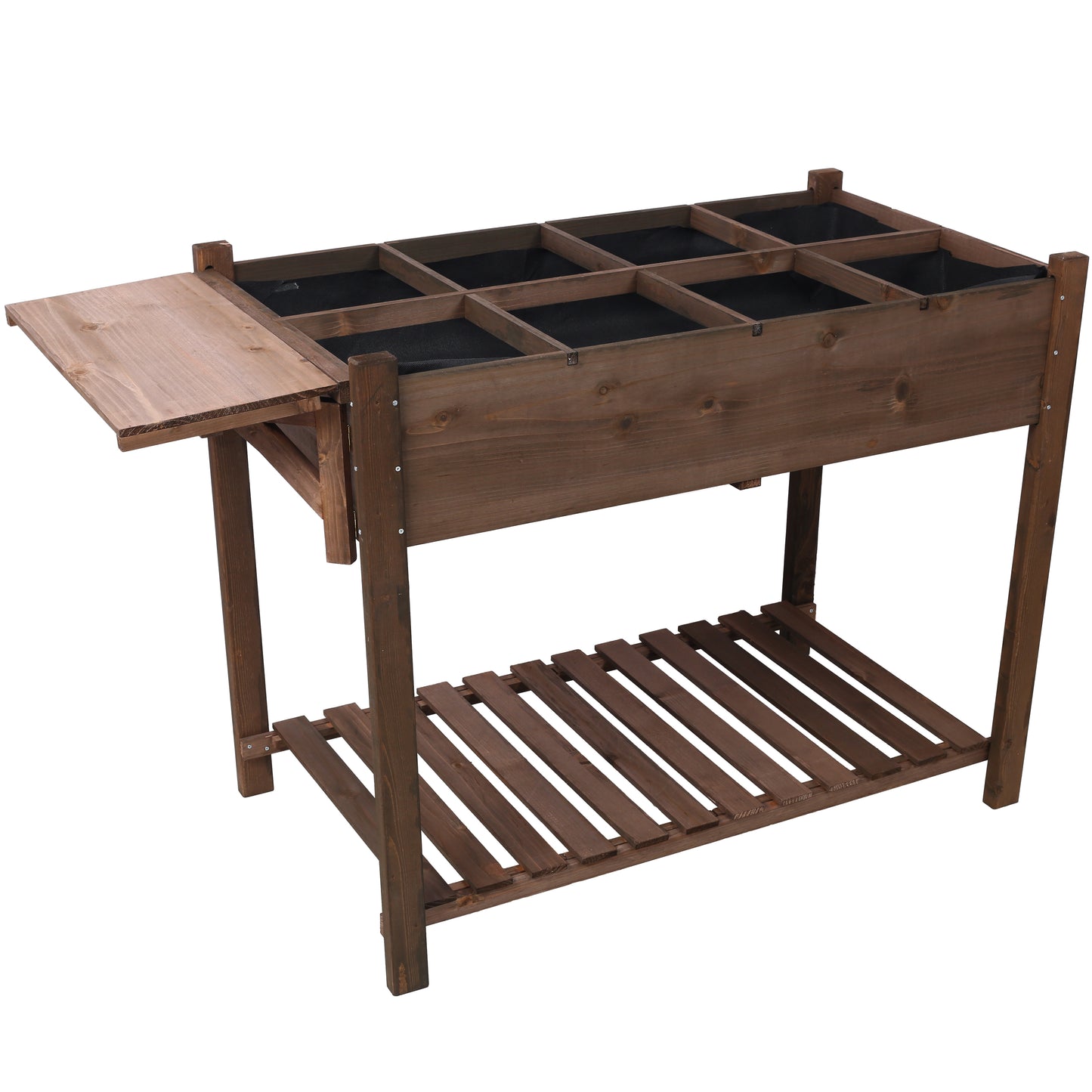 Wooden raised garden bed with multiple compartments and a pullout shelf for gardening tools