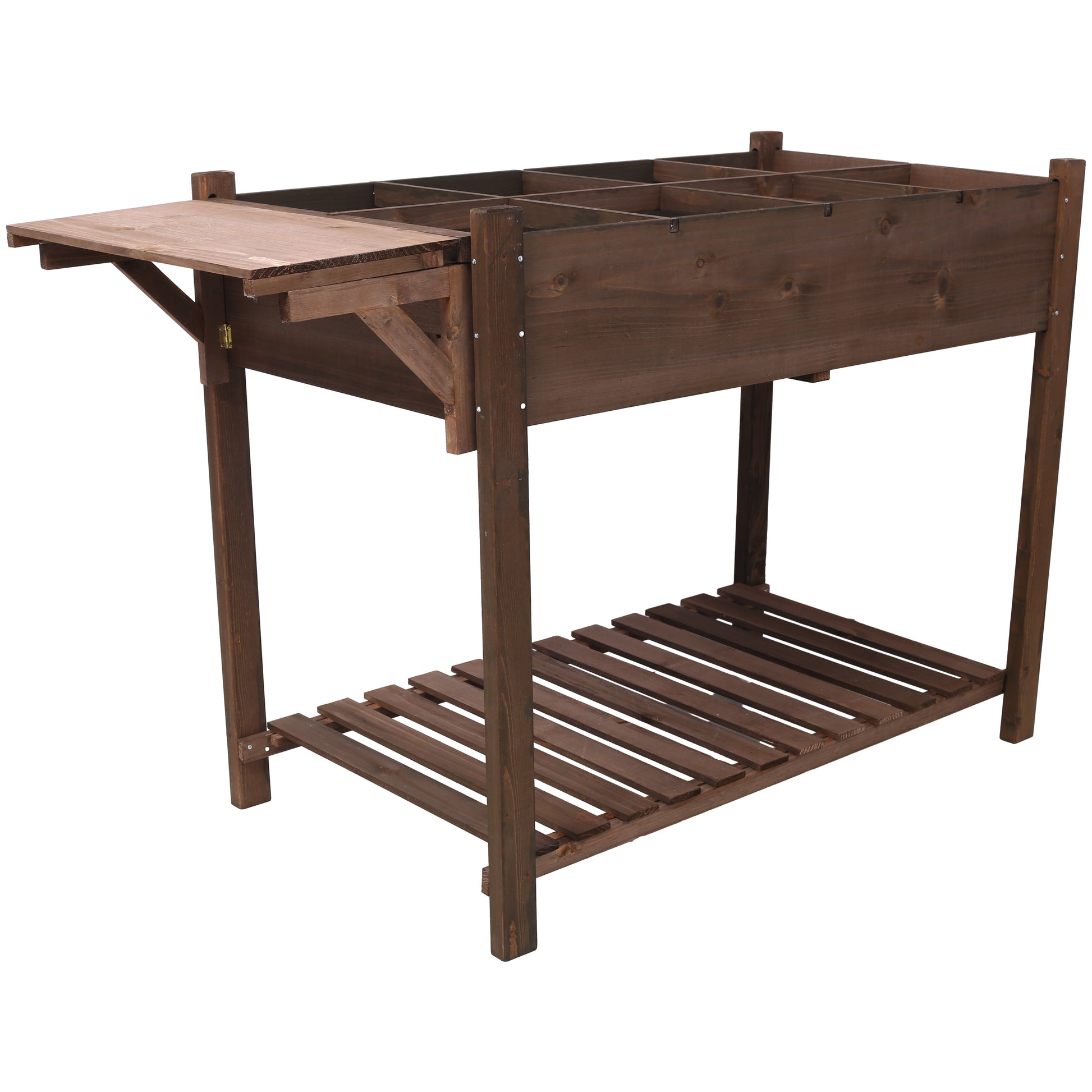 Dark wood potting bench with multiple compartments and a flipup side table for gardening tasks