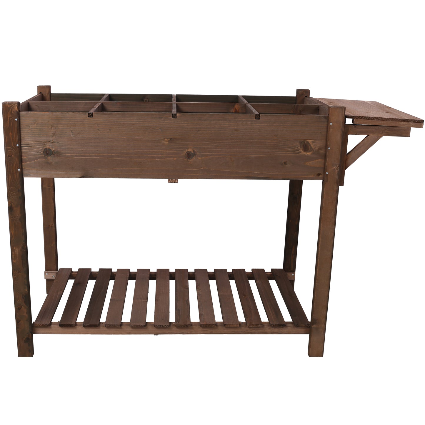 Wooden potting bench with multiple compartments and a slideout workspace
