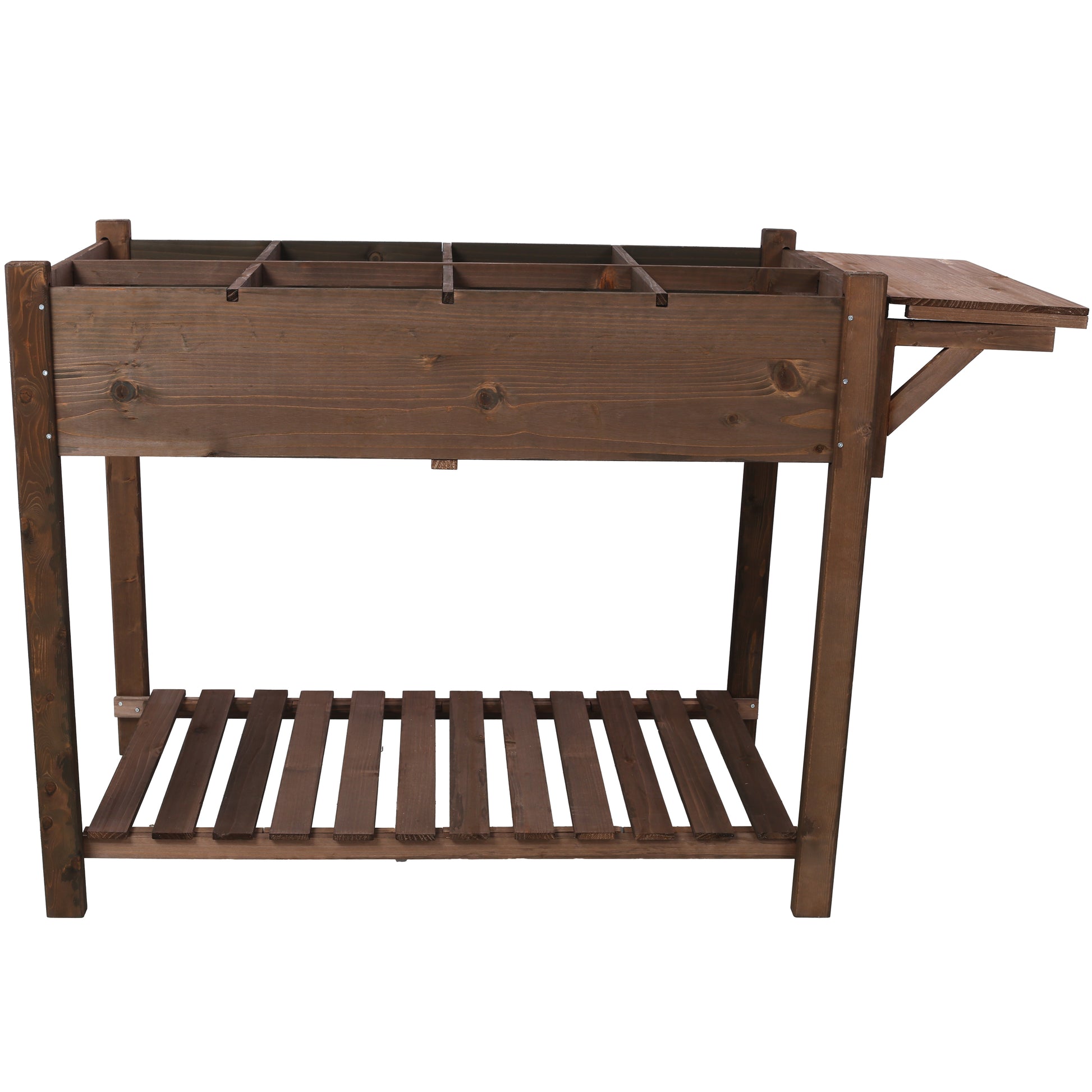 Wooden potting bench with multiple compartments and a slideout workspace