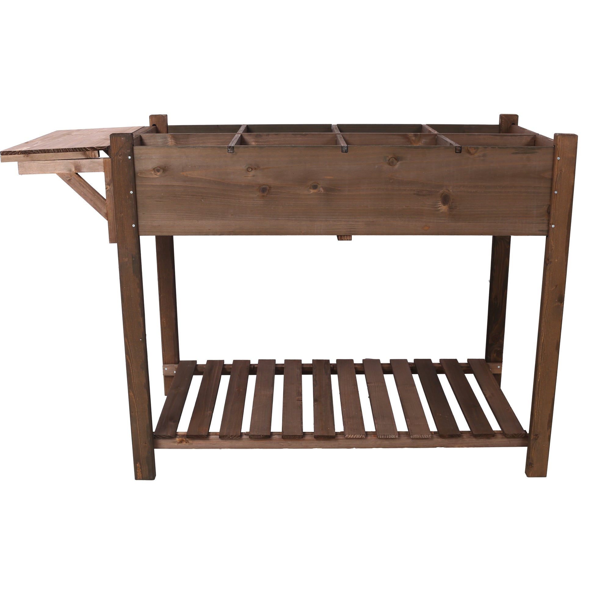 Wooden raised garden bed with multiple compartments and a pullout side table