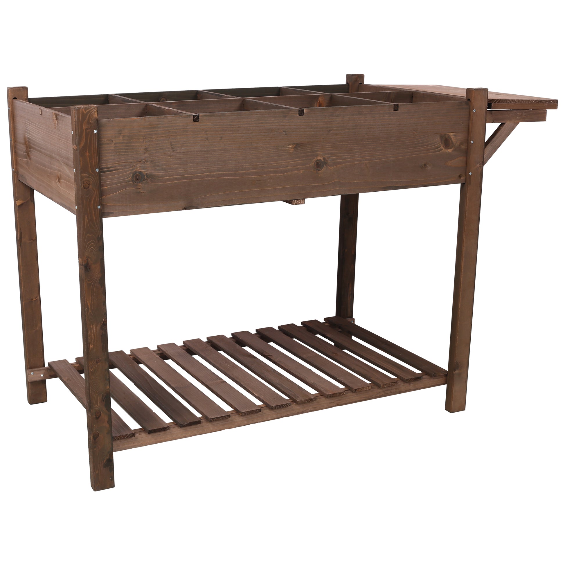 Dark brown wooden potting bench with divided top and slatted lower shelf