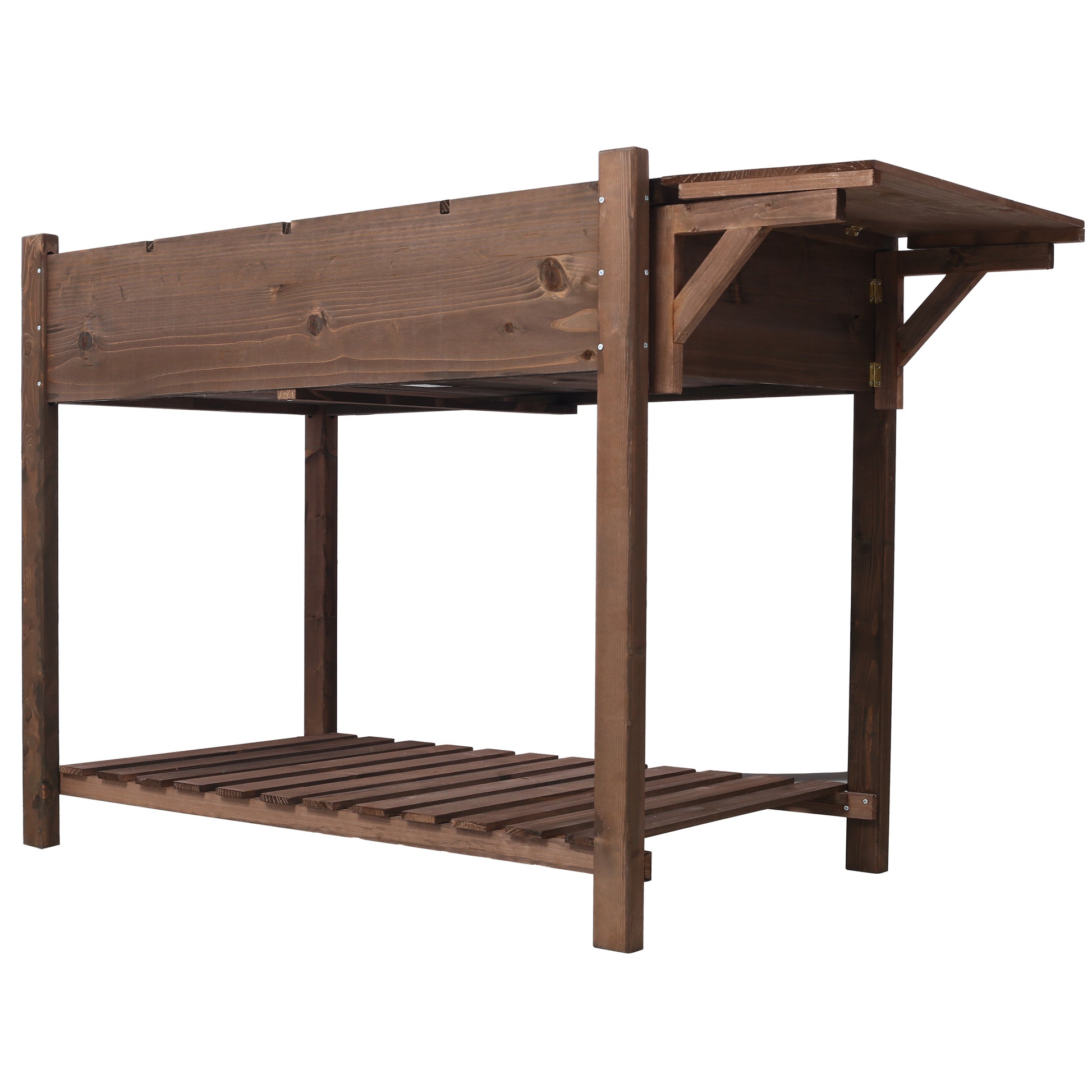 Wooden potting bench with two tiers and a foldout table for gardening tasks