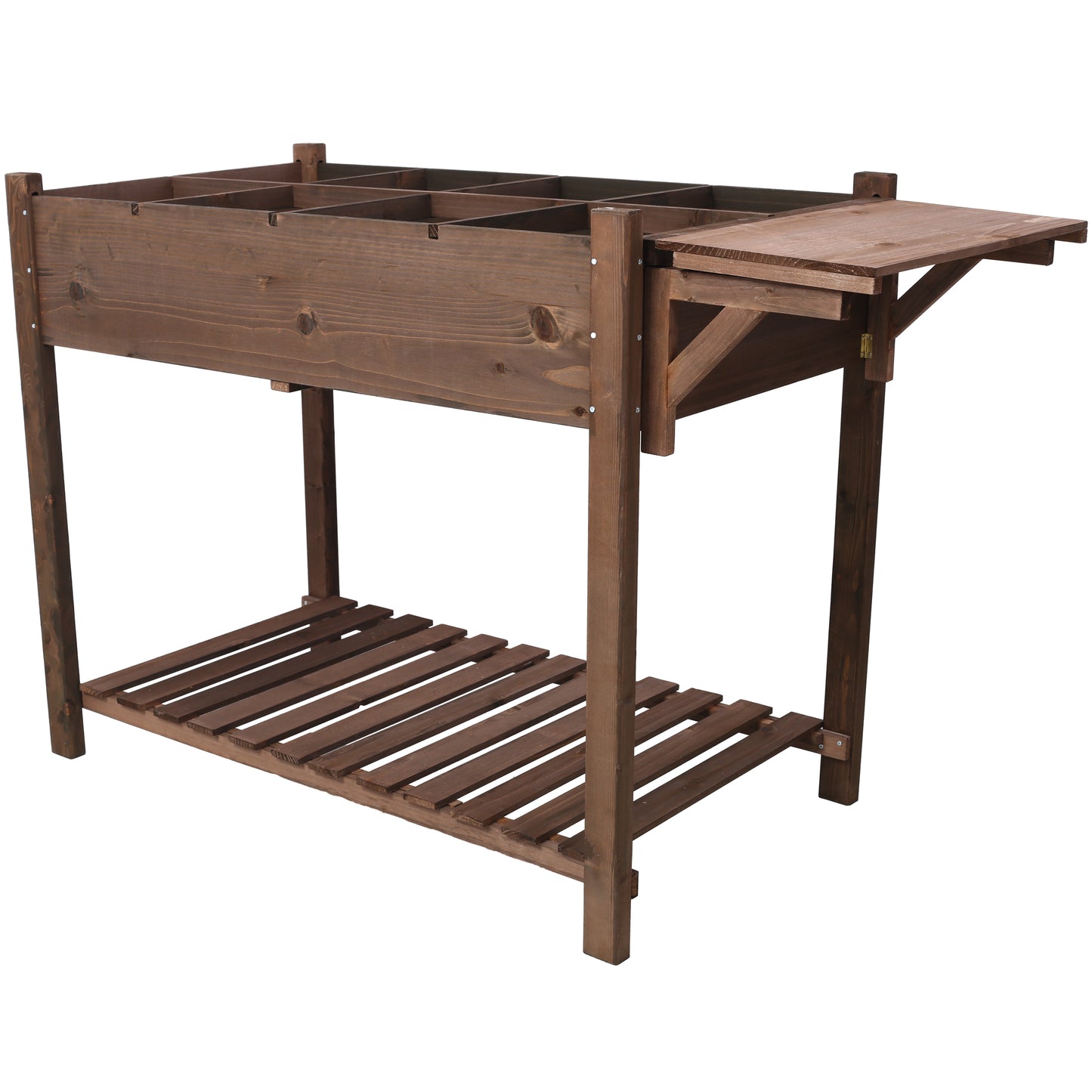 Wooden potting bench with multicompartment top and slatted lower shelf