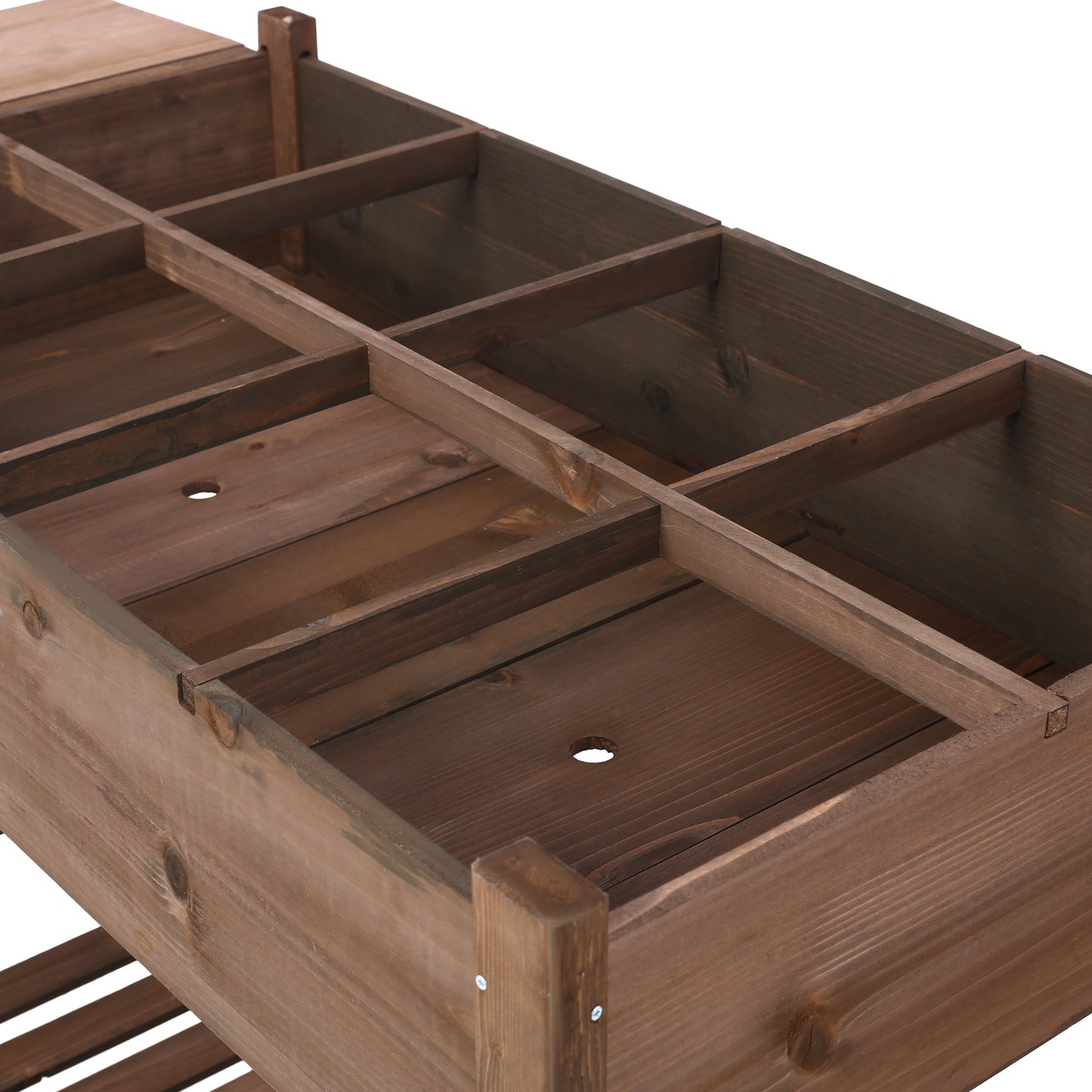 Dark brown wooden tiered planter box with multiple compartments for gardening herbs or flowers