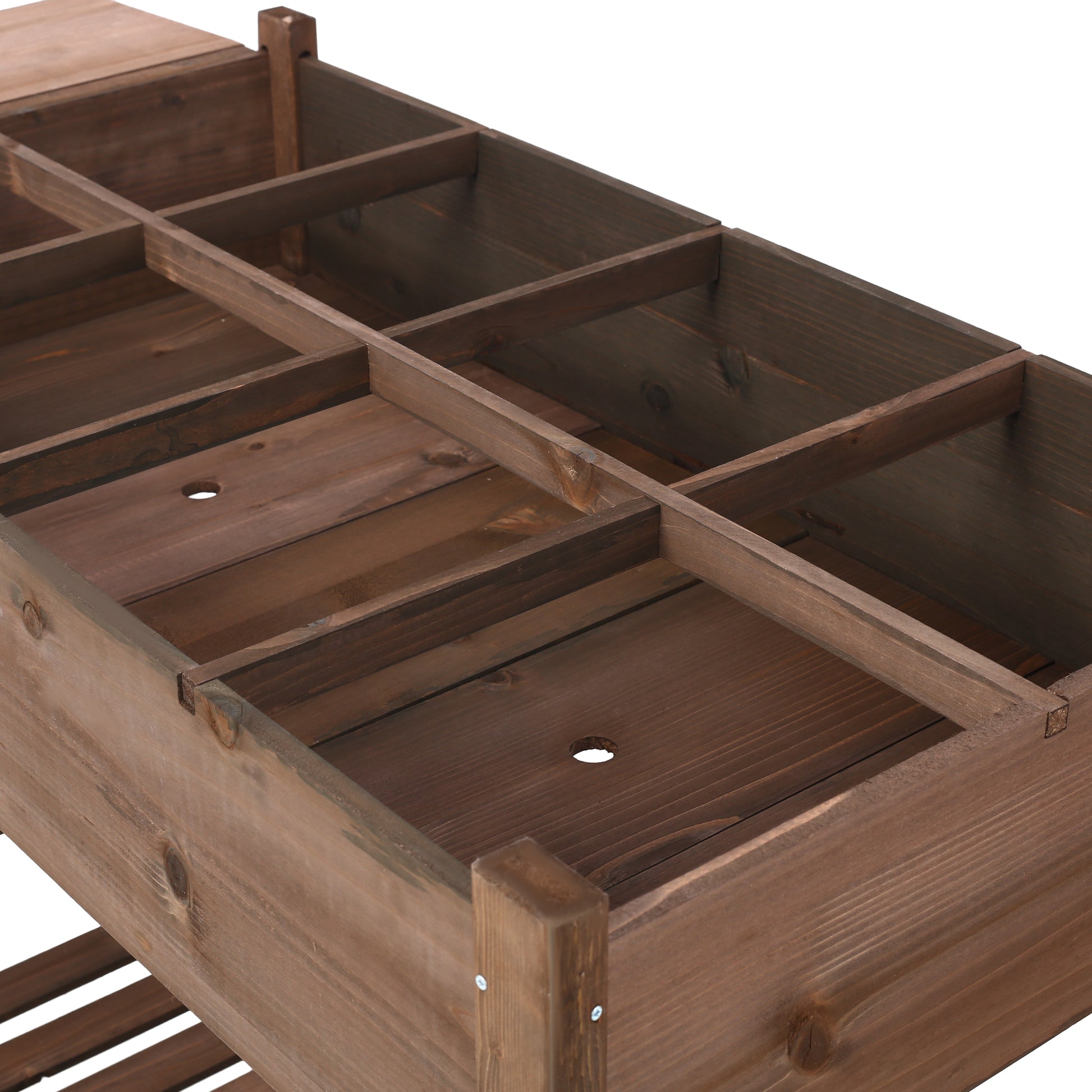 Dark brown wooden tiered planter box with multiple compartments for gardening herbs or flowers