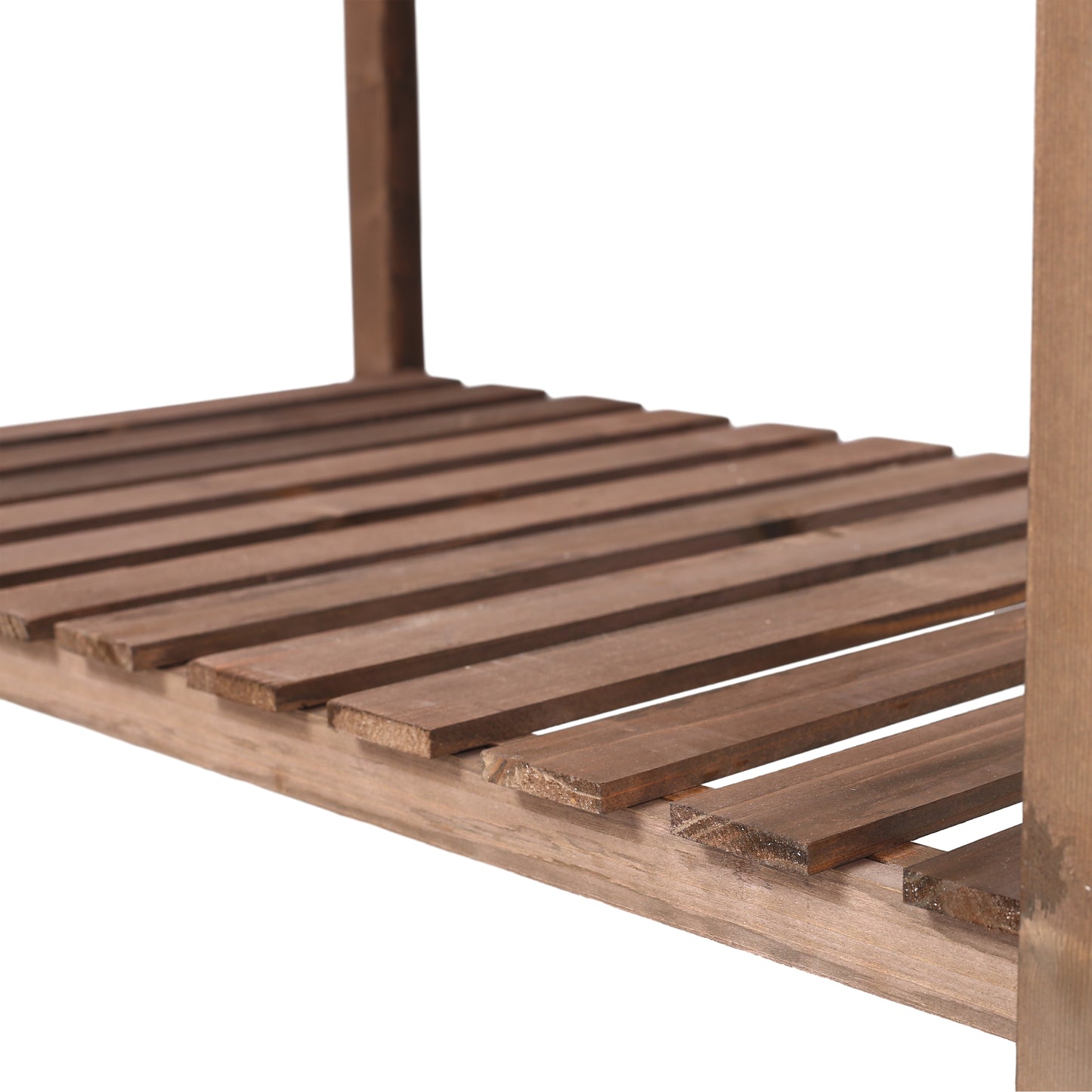 Close up of a brown slatted wooden shelf on a white background