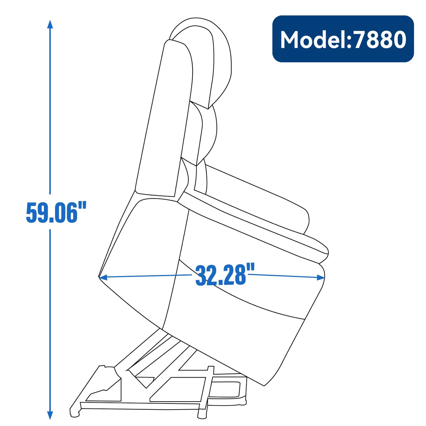 Line drawing of a recliner chair model  with dimensions  inches height and  inches width