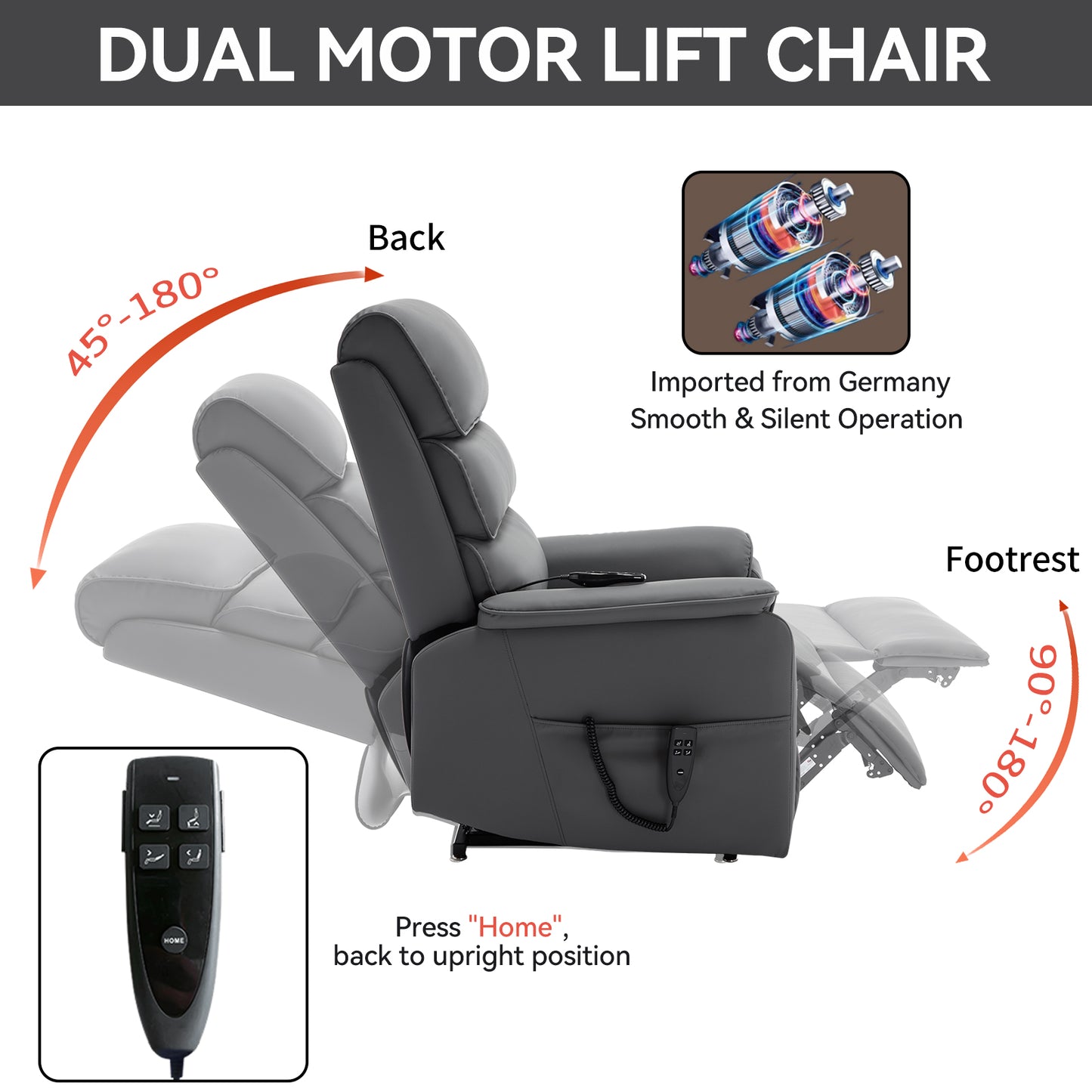 Dark gray dual motor lift chair with adjustable back and footrest ideal for home use