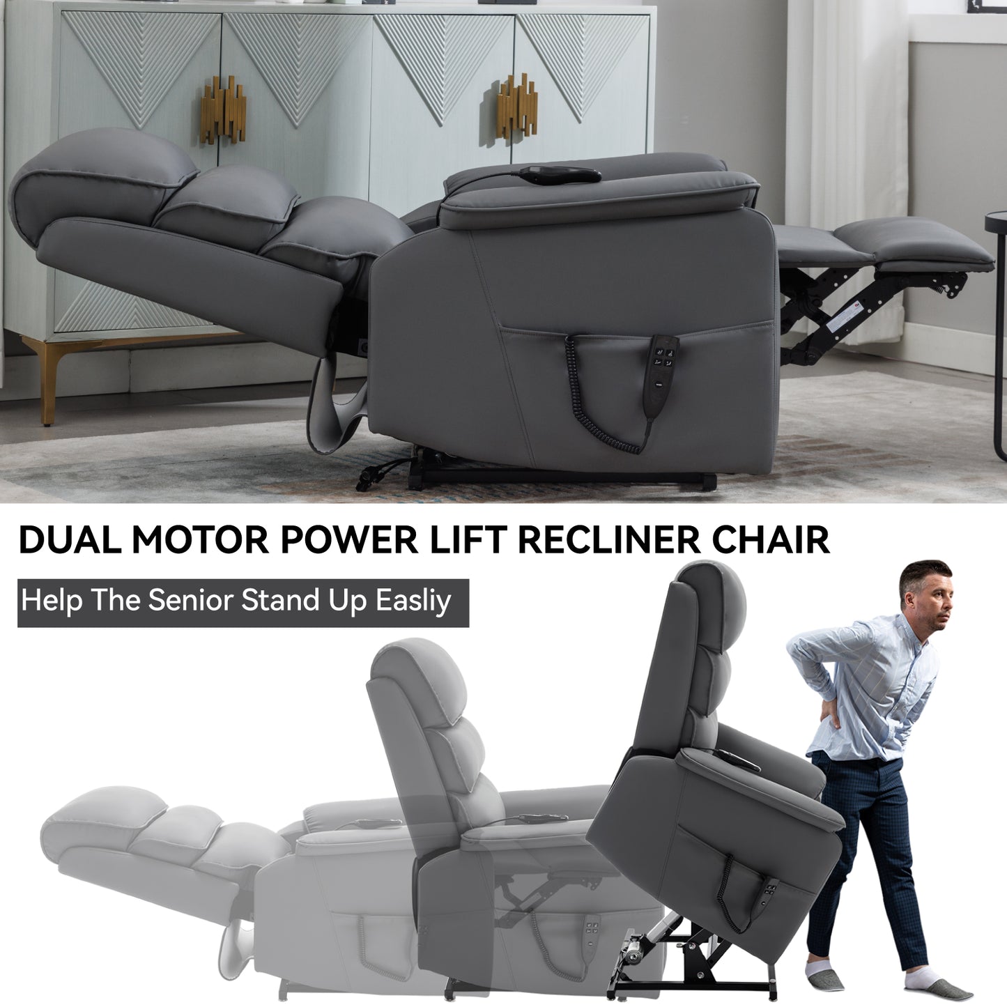 Gray dual motor power lift recliner chair with remote and extended footrest