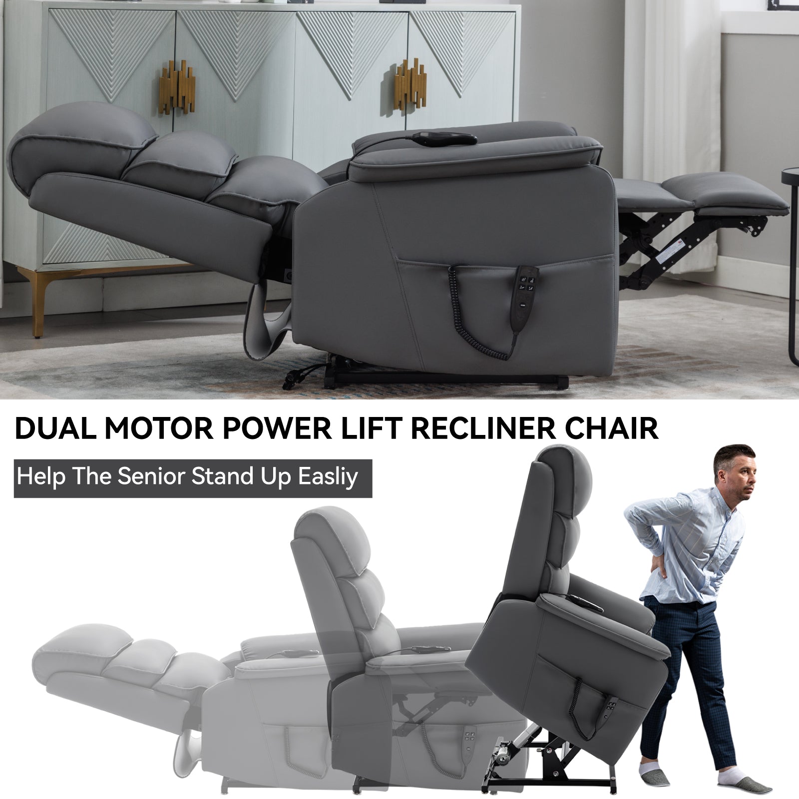 Gray dual motor power lift recliner chair with remote and extended footrest