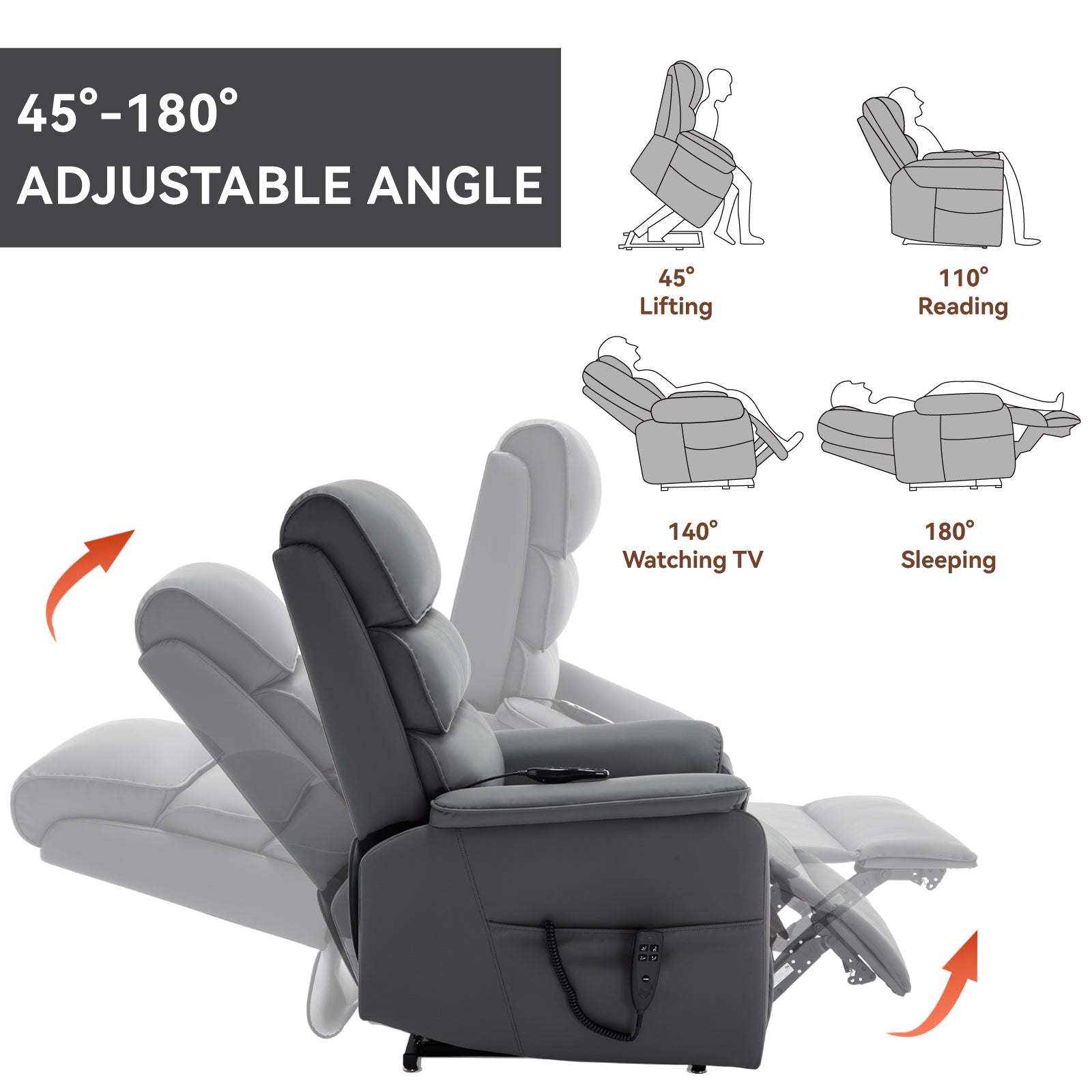 Gray faux leather lift recliner chair showing adjustable angles for lifting