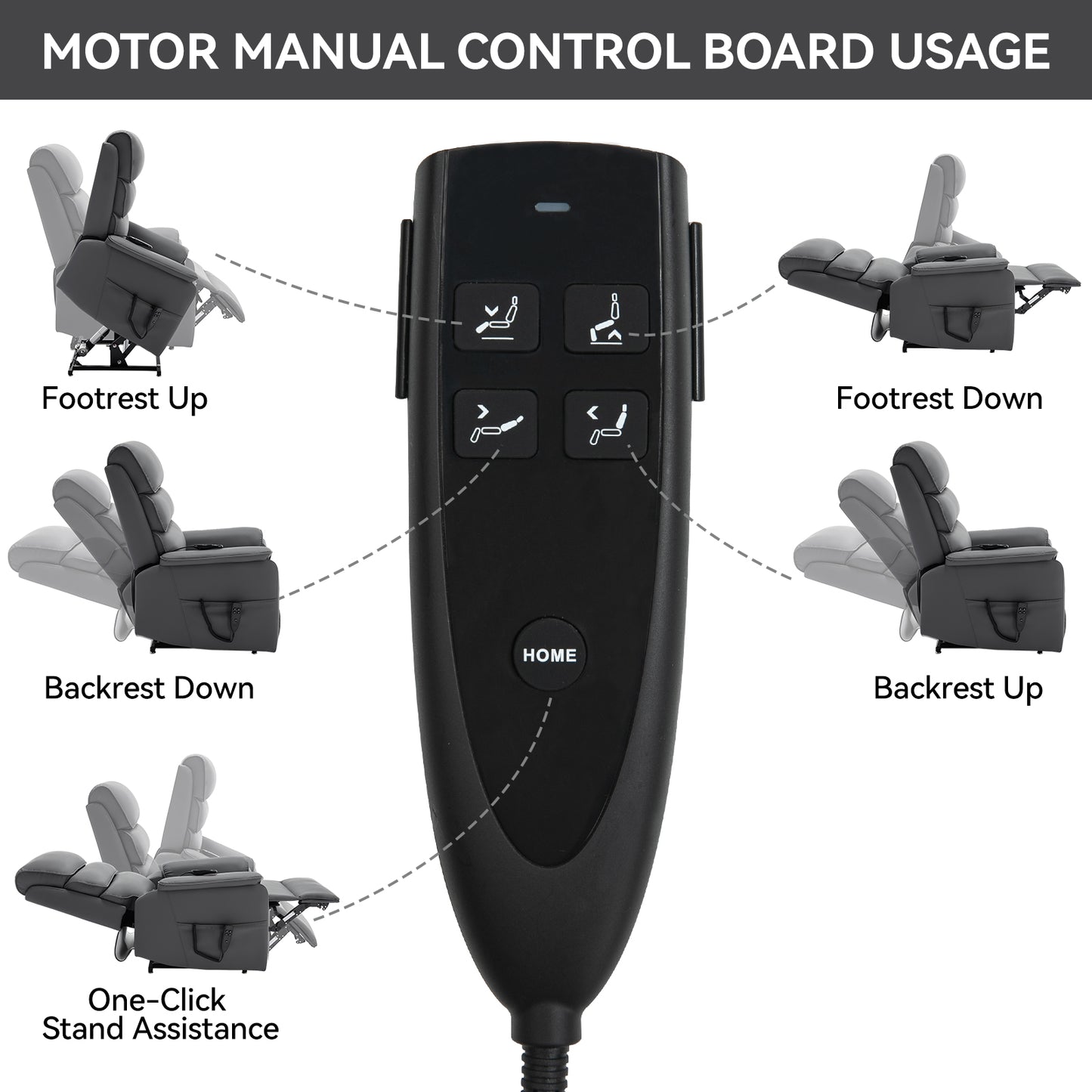 Black electric recliner control board showing footrest up function