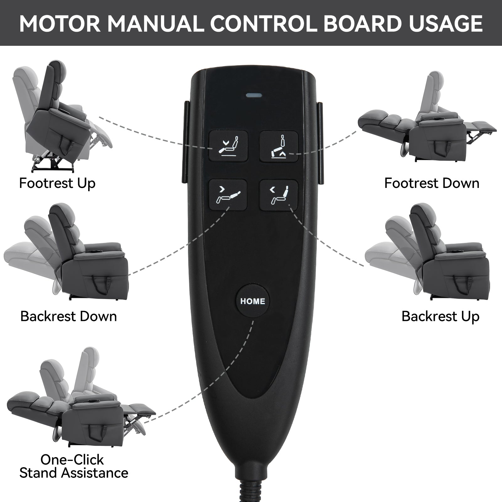 Black electric recliner control board showing footrest up function