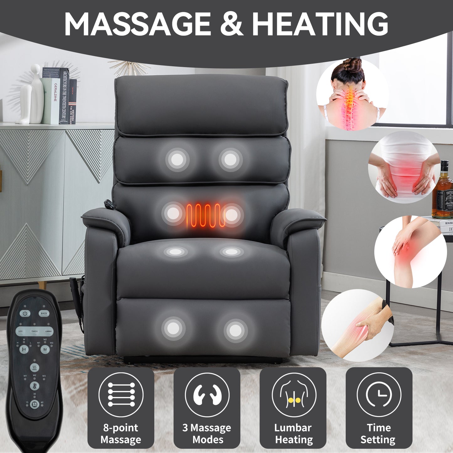 Dark gray recliner chair with point massage function and lumbar heating