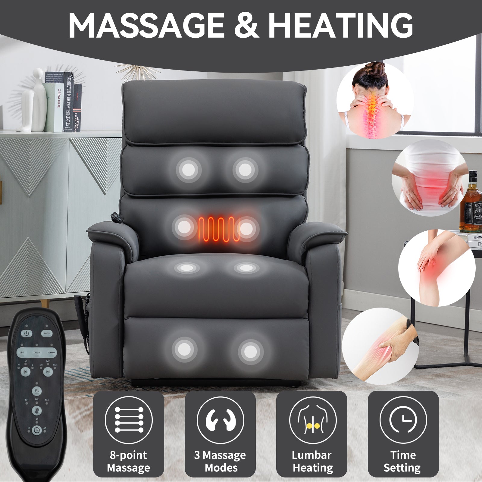 Dark gray recliner chair with point massage function and lumbar heating