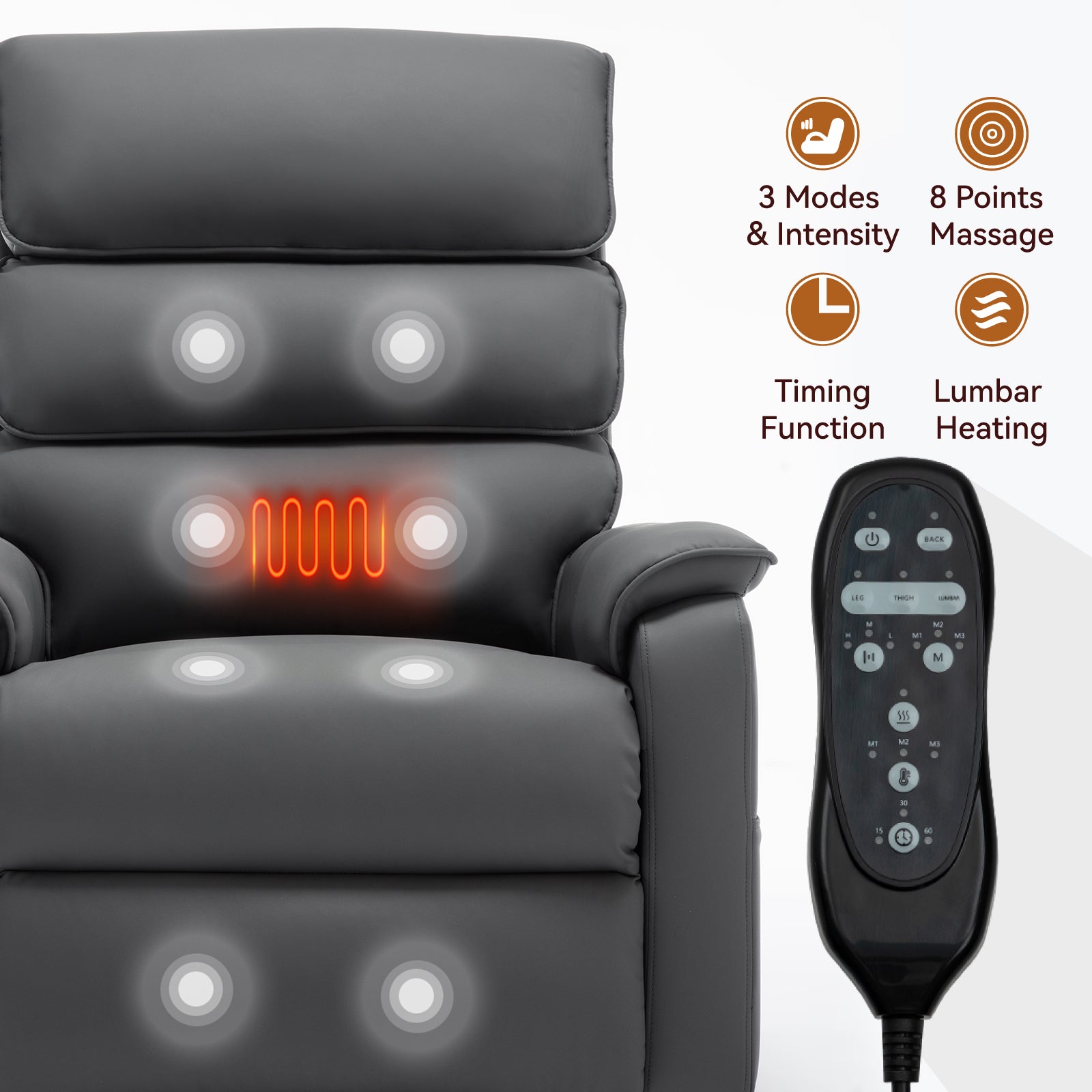 Dark gray faux leather massage recliner with builtin heating and  massage points