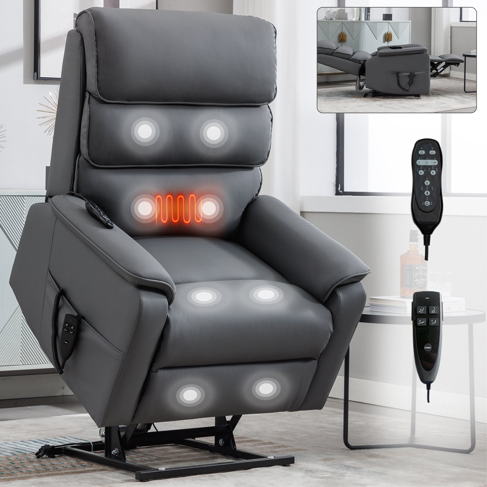 Gray leather recliner chair with heating and massage functions perfect for relaxation