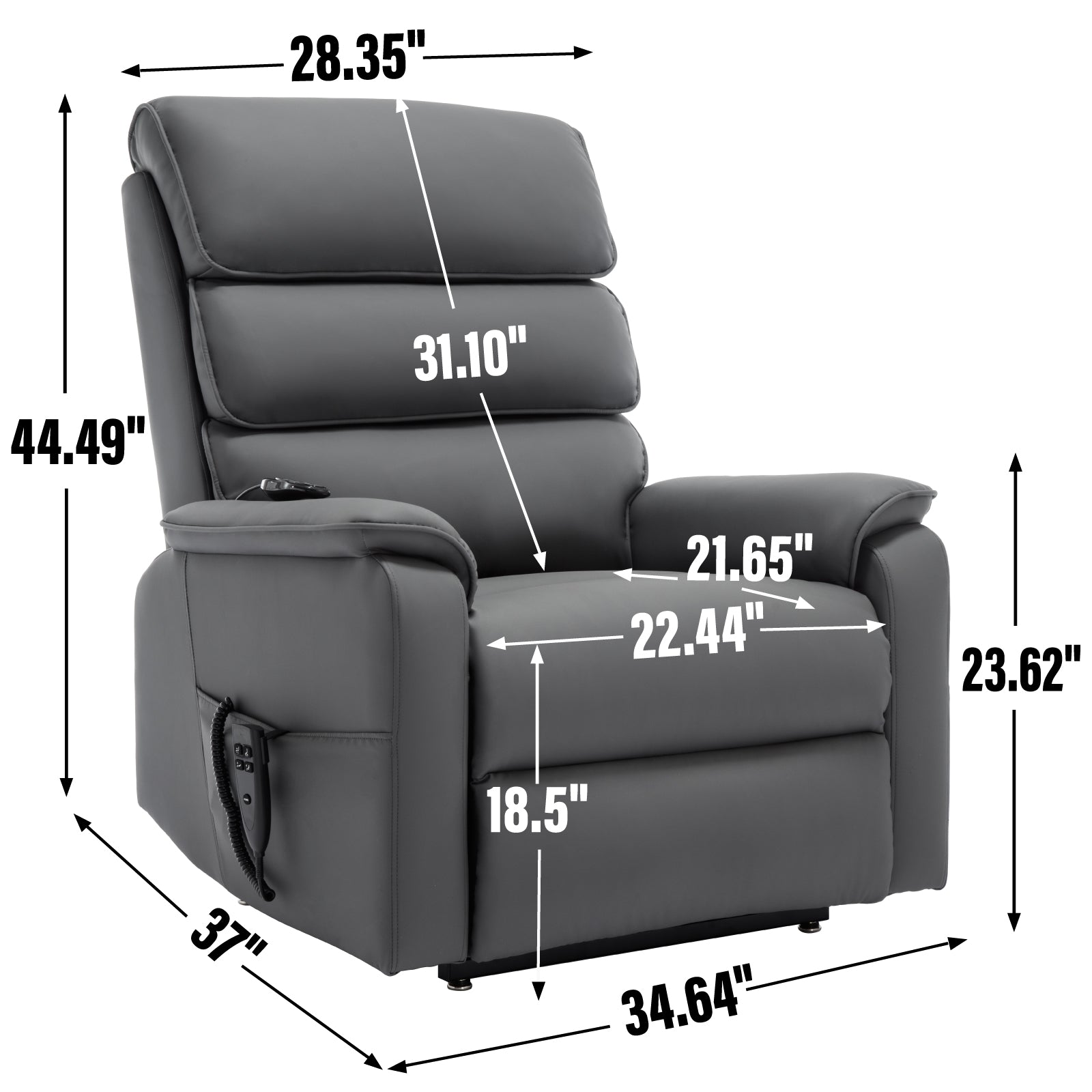 Grey upholstered power lift recliner with plush cushioning and remote control