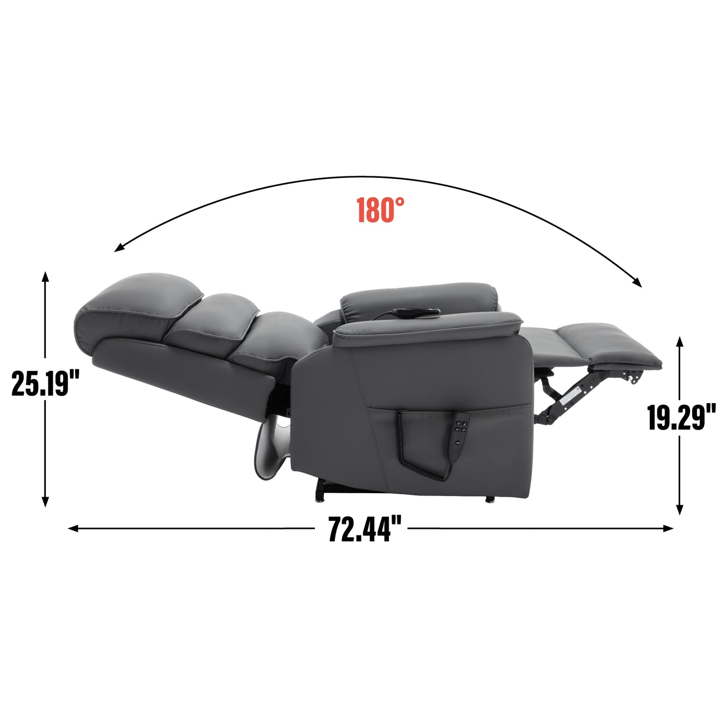 Gray leather power recliner chair shown reclined  degrees