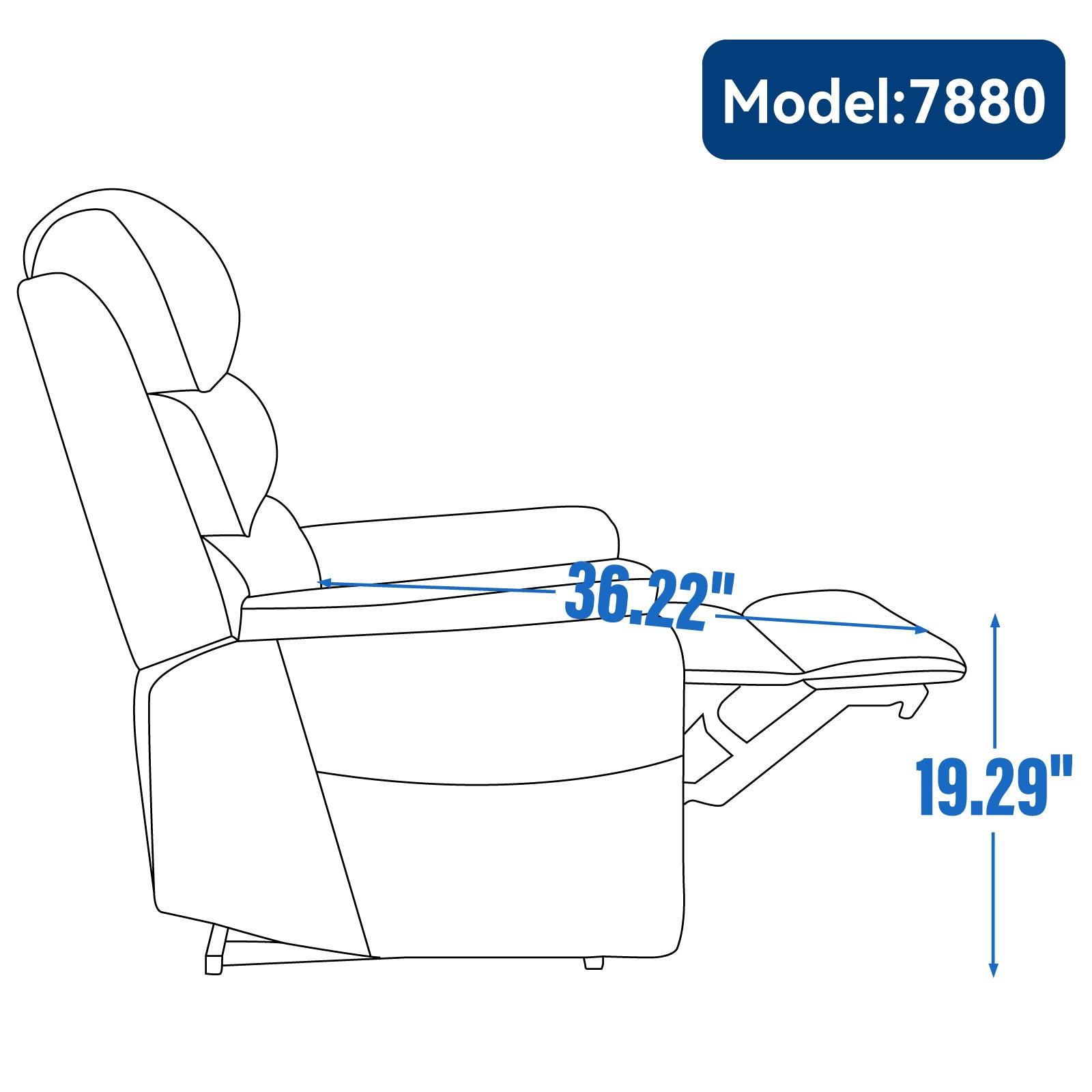 Line drawing of a recliner chair model  with dimensions indicated