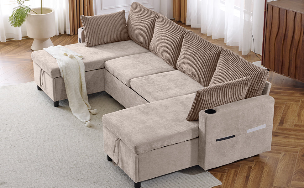 Beige sectional sofa with corduroy accent pillows and builtin storage chaise lounge