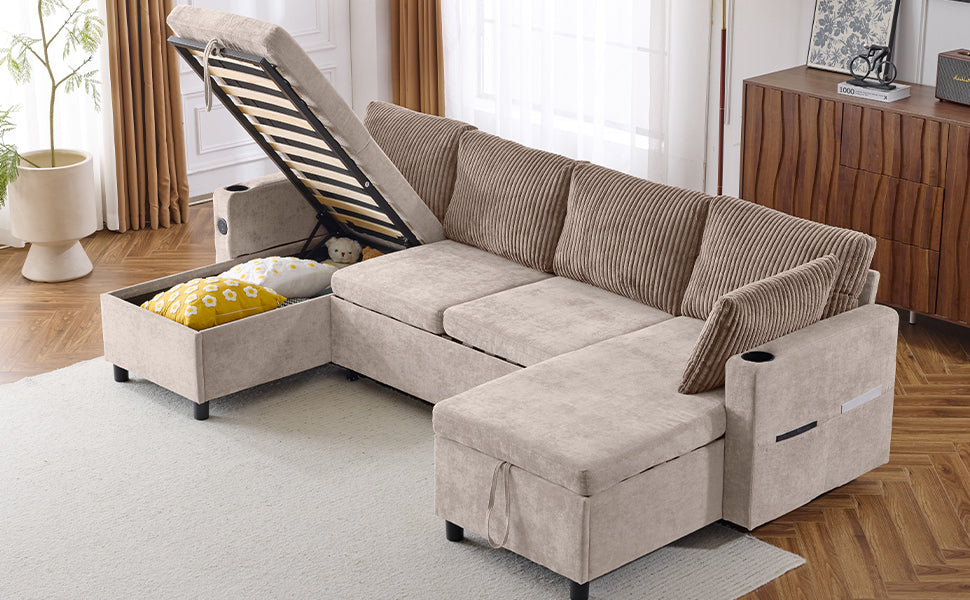Beige sectional sofa with open storage chaise revealing pillows and teddy bear