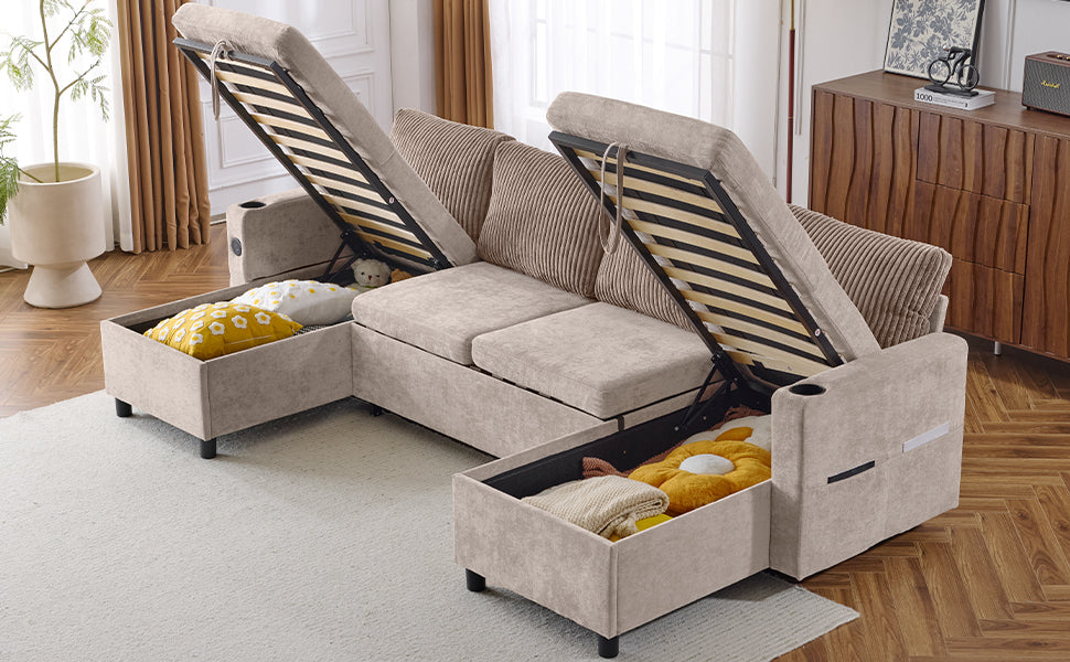 Beige sectional sofa with hidden storage compartments for blankets and pillows