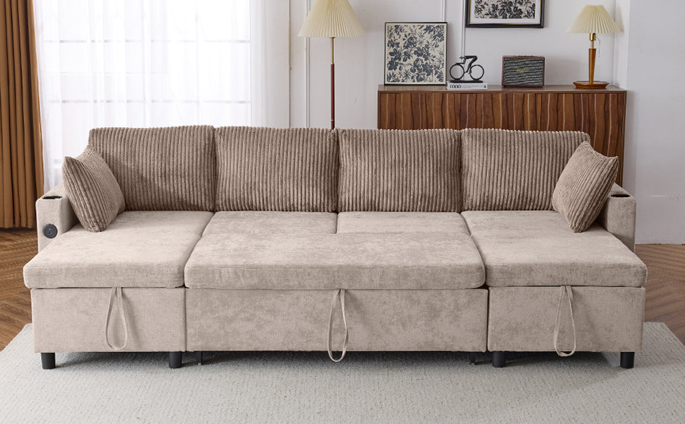 Beige corduroy sectional sofa with storage ottoman and removable cushions