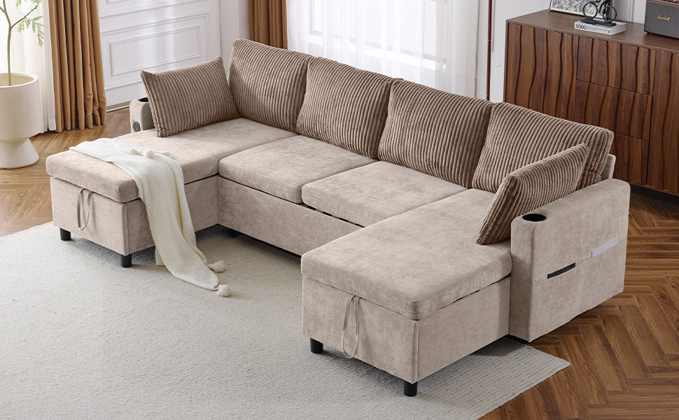 Beige sectional sofa with corduroy pillows and storage ottomans