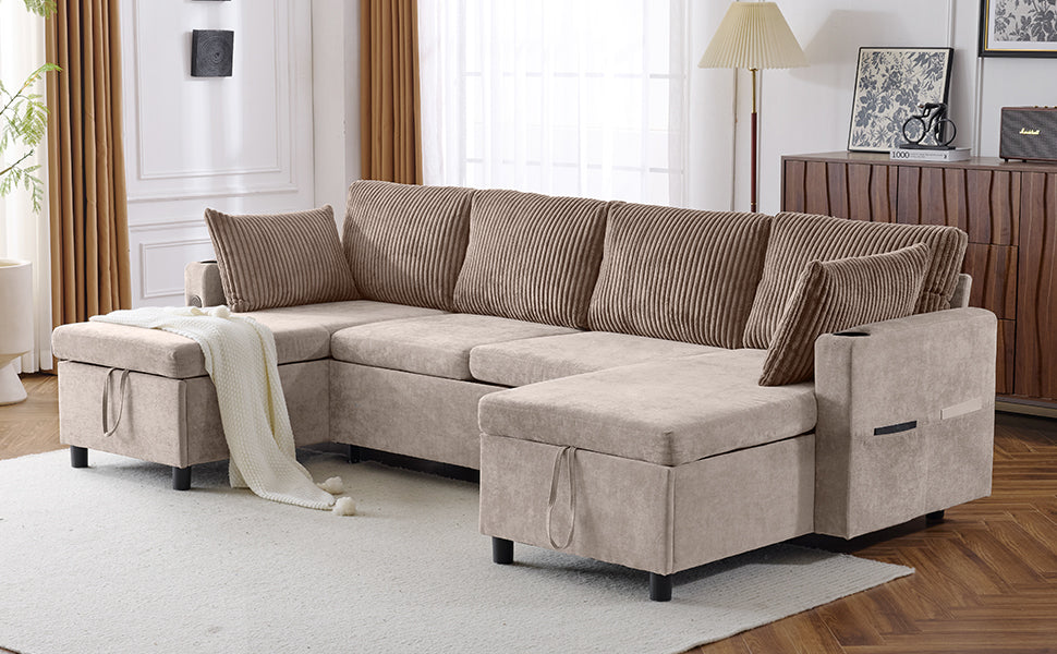 Beige sectional sofa with corduroy throw pillows and storage chaise for modern living rooms