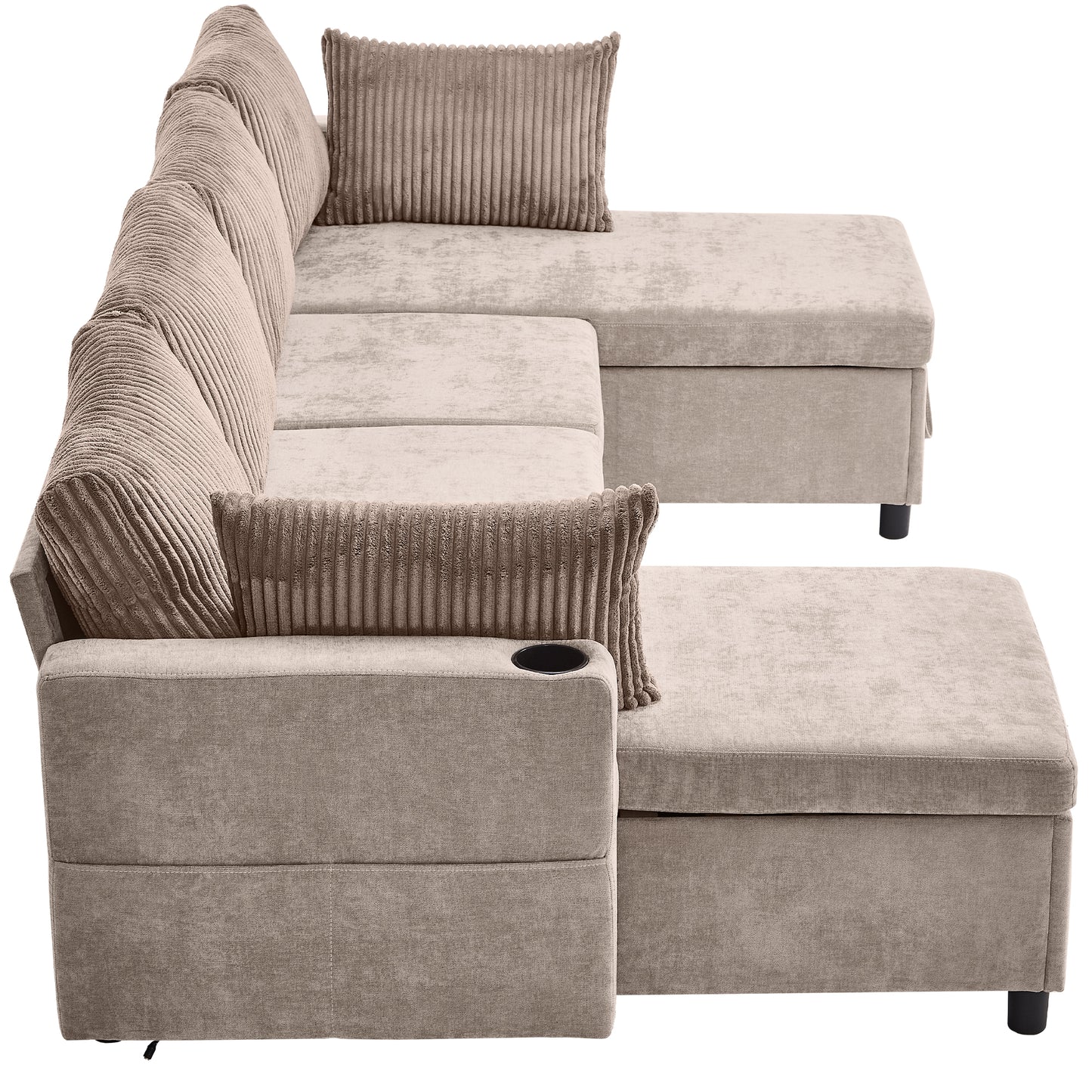 Taupe corduroy sectional sofa with chaise lounge and integrated cup holder