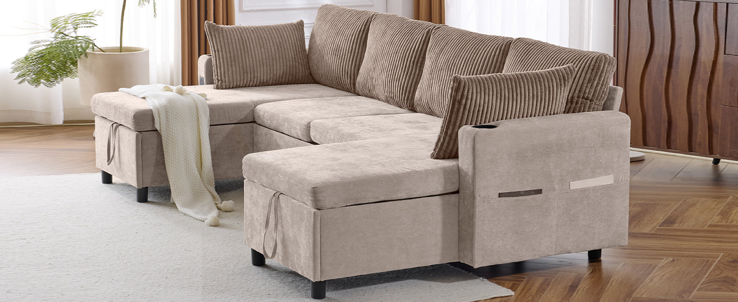 Beige sectional sofa with storage ottomans and corduroy pillows