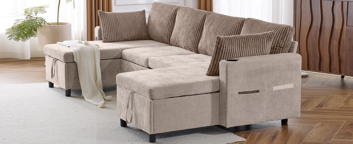 Beige sectional sofa with storage ottomans and corduroy pillows