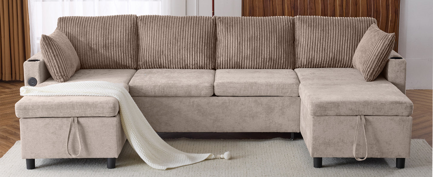 Beige corduroy sectional sofa with integrated storage and USB ports