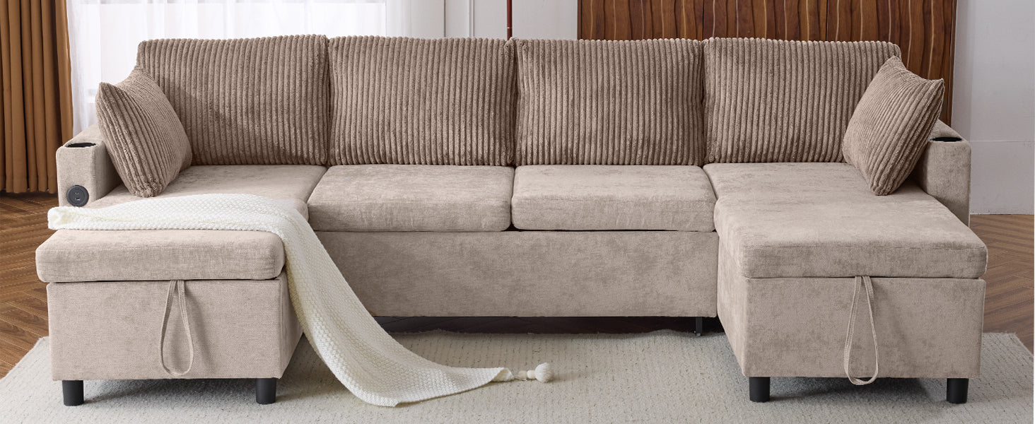 Beige corduroy sectional sofa with integrated storage and USB ports