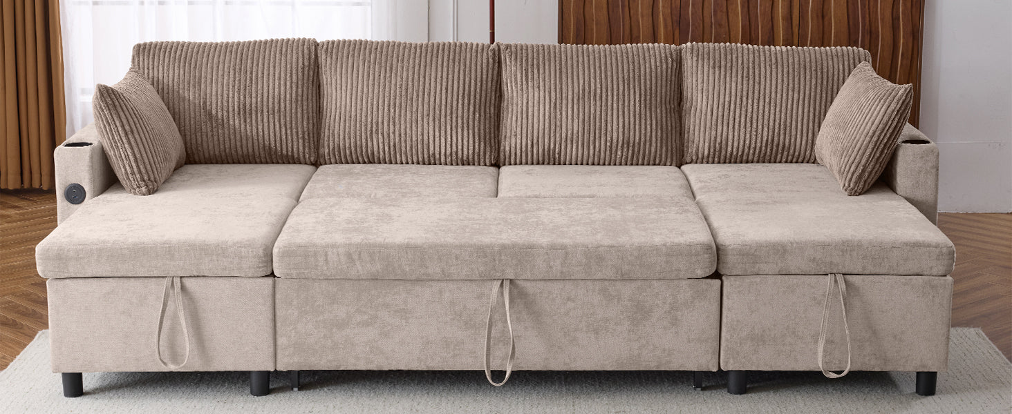 Sectional sofa with builtin storage and cup holder in beige chenille fabric
