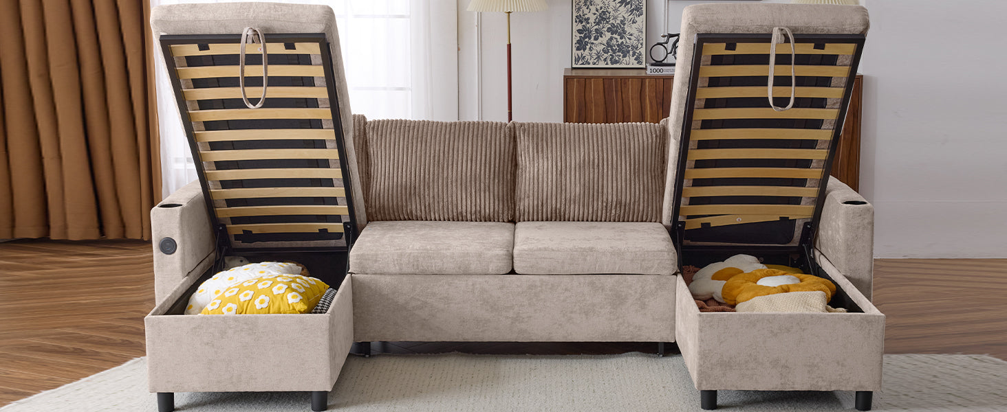 Beige upholstered sofa with open storage compartments and slatted bed mechanism