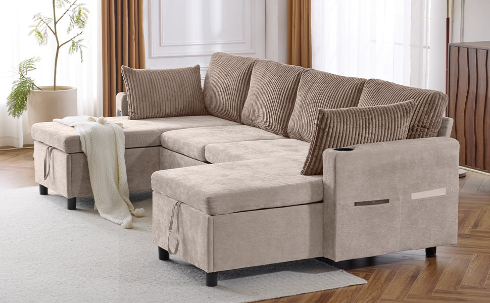 Beige corduroy sectional sofa with storage ottomans perfect for modern living rooms