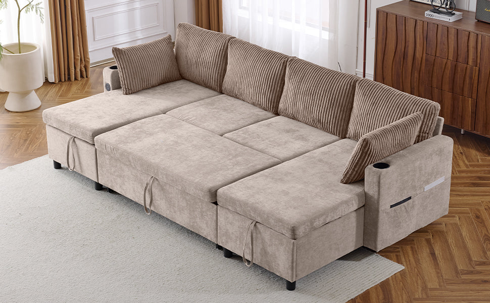 Beige sectional sofa with hidden storage and cup holders perfect for modern living rooms