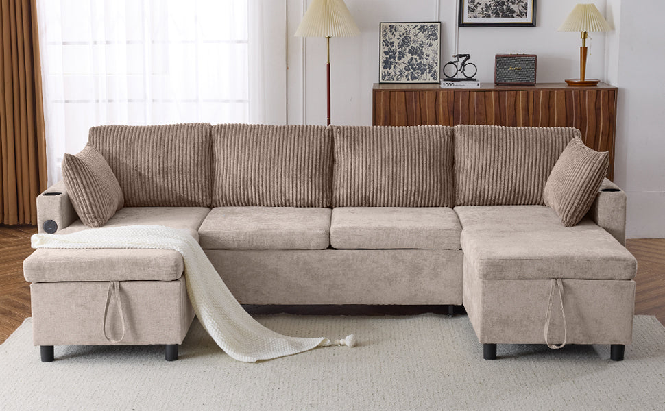 Beige corduroy sectional sofa with hidden storage and integrated cup holders