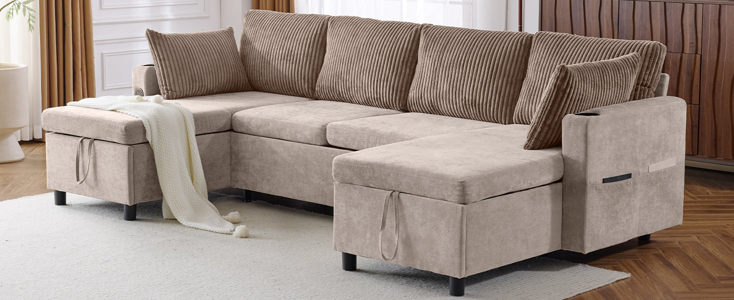 Sectional sofa in beige chenille fabric with corduroy accent pillows and hidden storage compartments