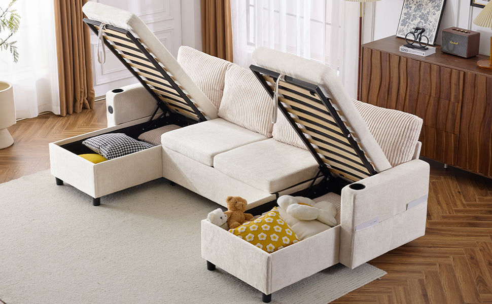 Upholstered cream sectional sofa with open storage compartments and hidden bed mechanism