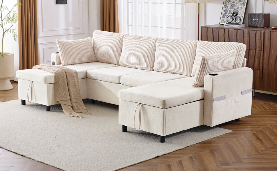 Ushaped sectional sofa in cream corduroy with storage ottomans and cup holders perfect for living rooms