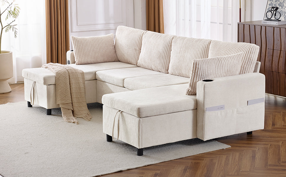Cream sectional sofa with corduroy cushions and storage ottomans perfect for living rooms