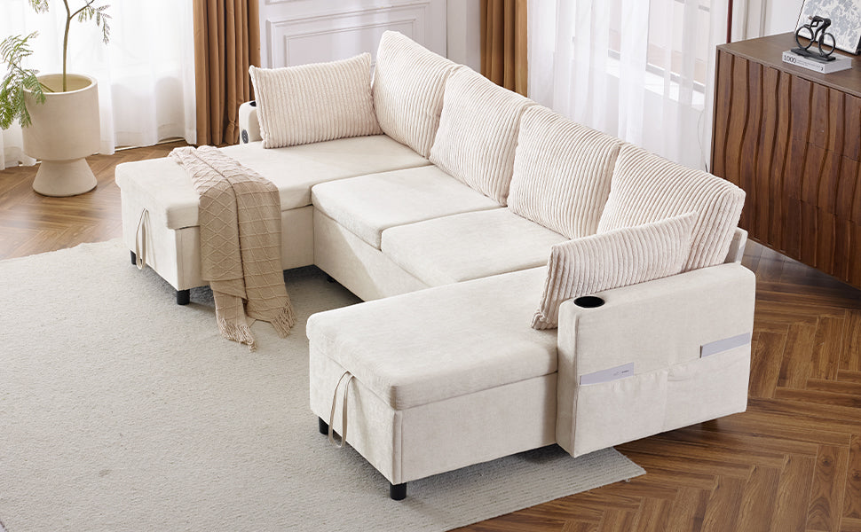 Cream Ushaped sectional sofa with plush corduroy cushions and storage ottomans for living rooms