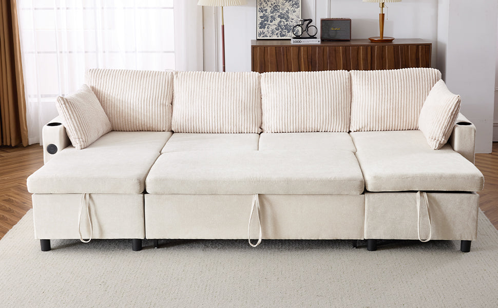 Cream sectional sofa with pullout storage and corduroy pillows