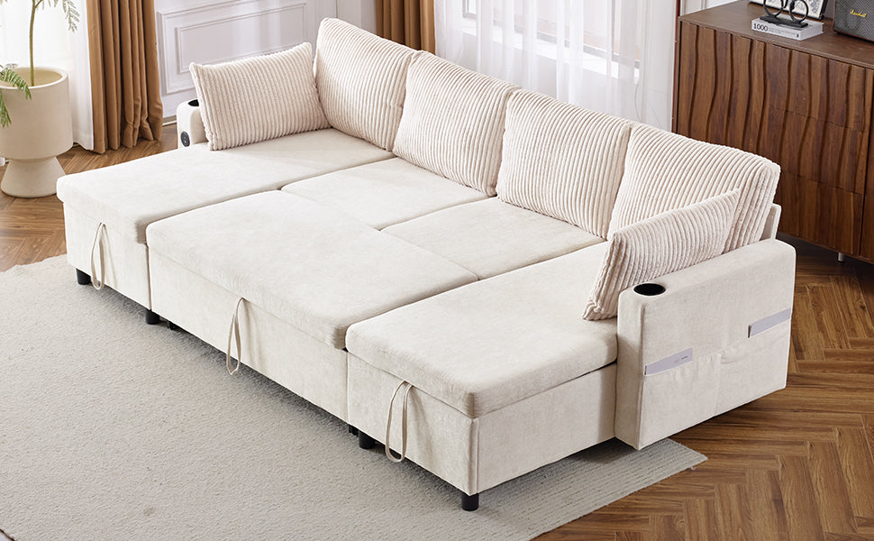 Upholstered sectional sofa in cream corduroy with storage compartments and builtin cup holders